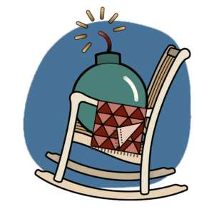 Illustration of Rocking chair with blanket, holding a green bomb with a lit fuse
